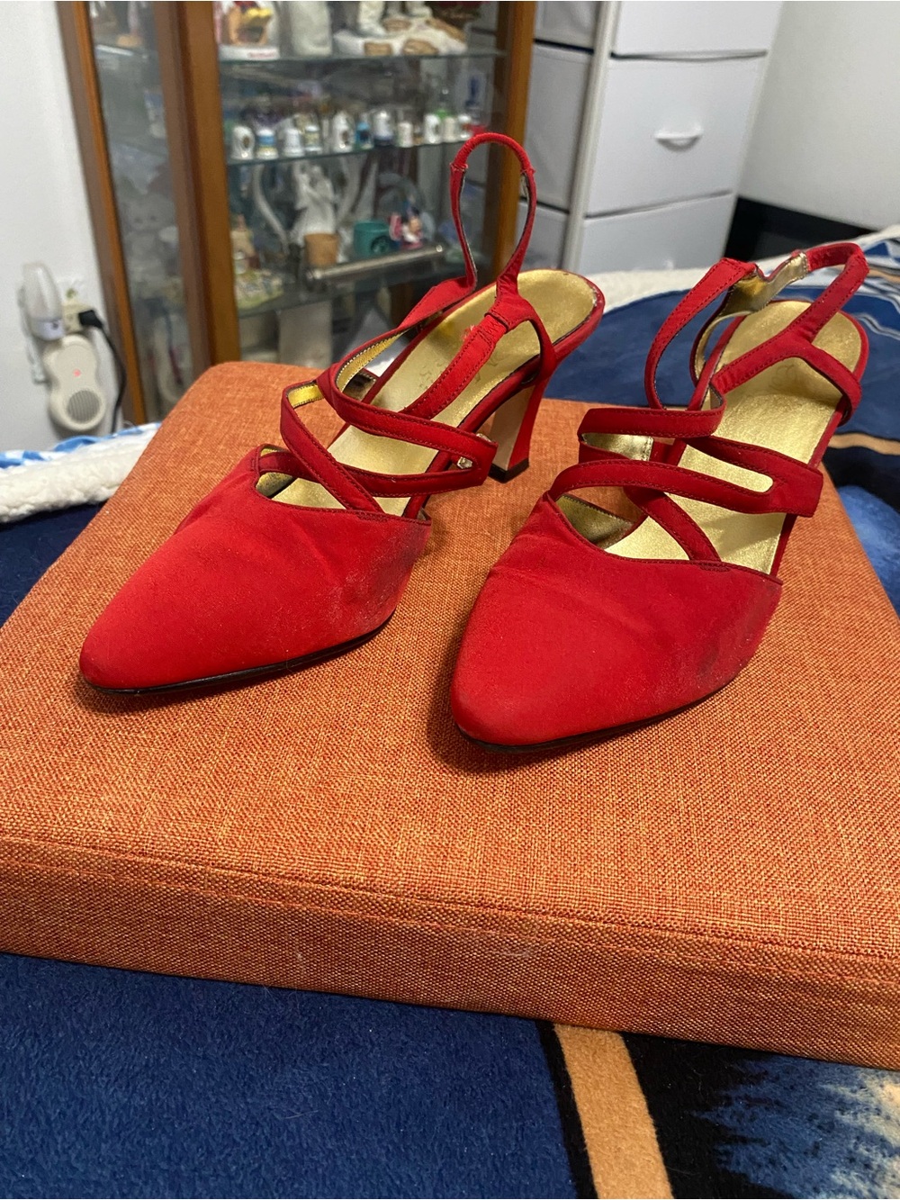 Red Strappy Pointed-Toe Heels with Gold Insole